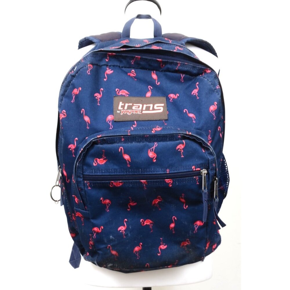 Trans by Jansport Navy Blue Backpack Pink Flamingos Zip Pockets School Book Bag